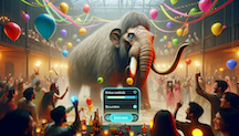 This image shows a festive party scene with a realistic Mastodon as the centerpiece. The Mastodon stands in the middle of a crowded dance floor, surrounded by partygoers who are dancing and celebrating. Balloons in various colors float in the air, and string lights crisscross above the revelers, adding to the joyous atmosphere. In the foreground, there is a graphical user interface with "Entus controls" and a button labeled "Entiore," suggesting the integration of technology into the party setting. The overall mood is lively and vibrant, with a sense of fun and community celebration.